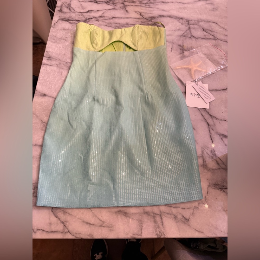 Stellar Strapless Lime and Aqua Dress